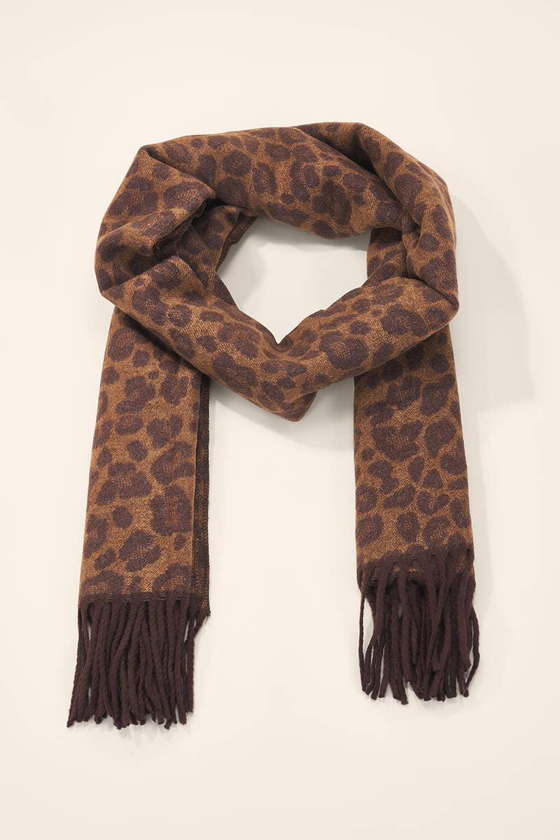 Leopard print wool scarf with fringe FL621DF