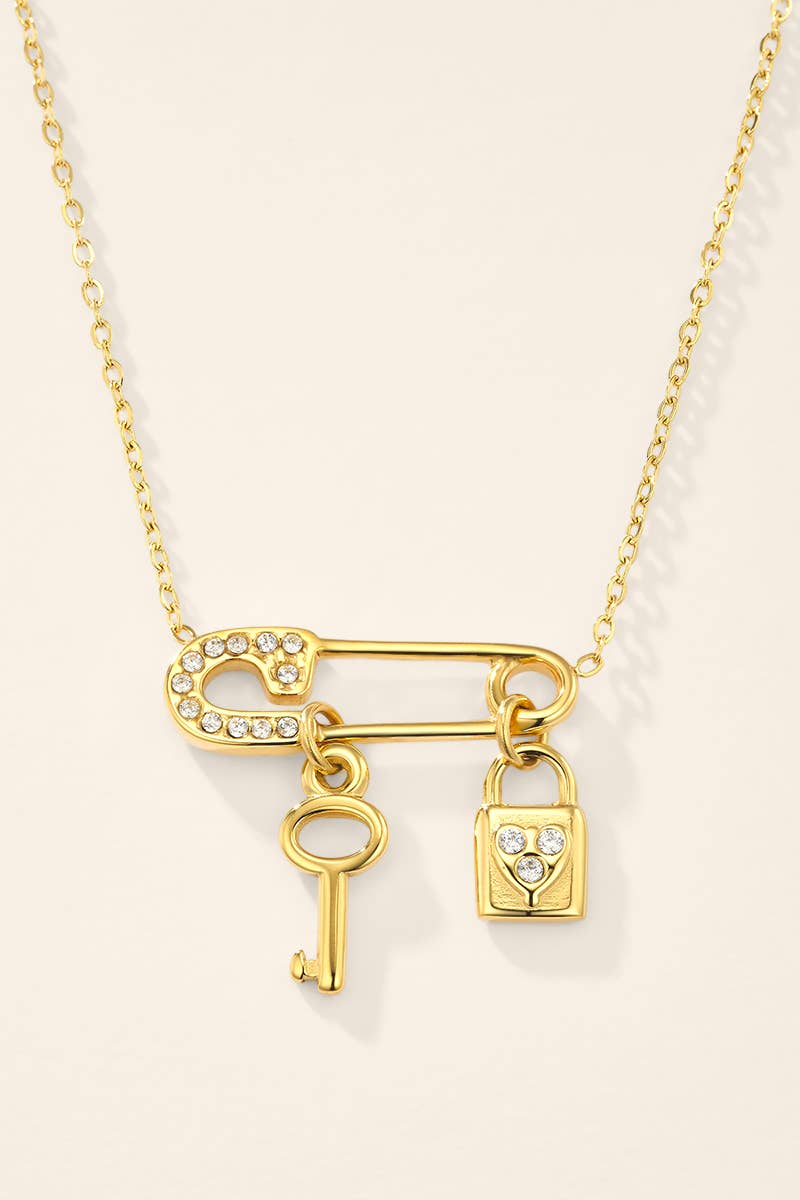 Safety pin, key and padlock steel necklace 224AQ392