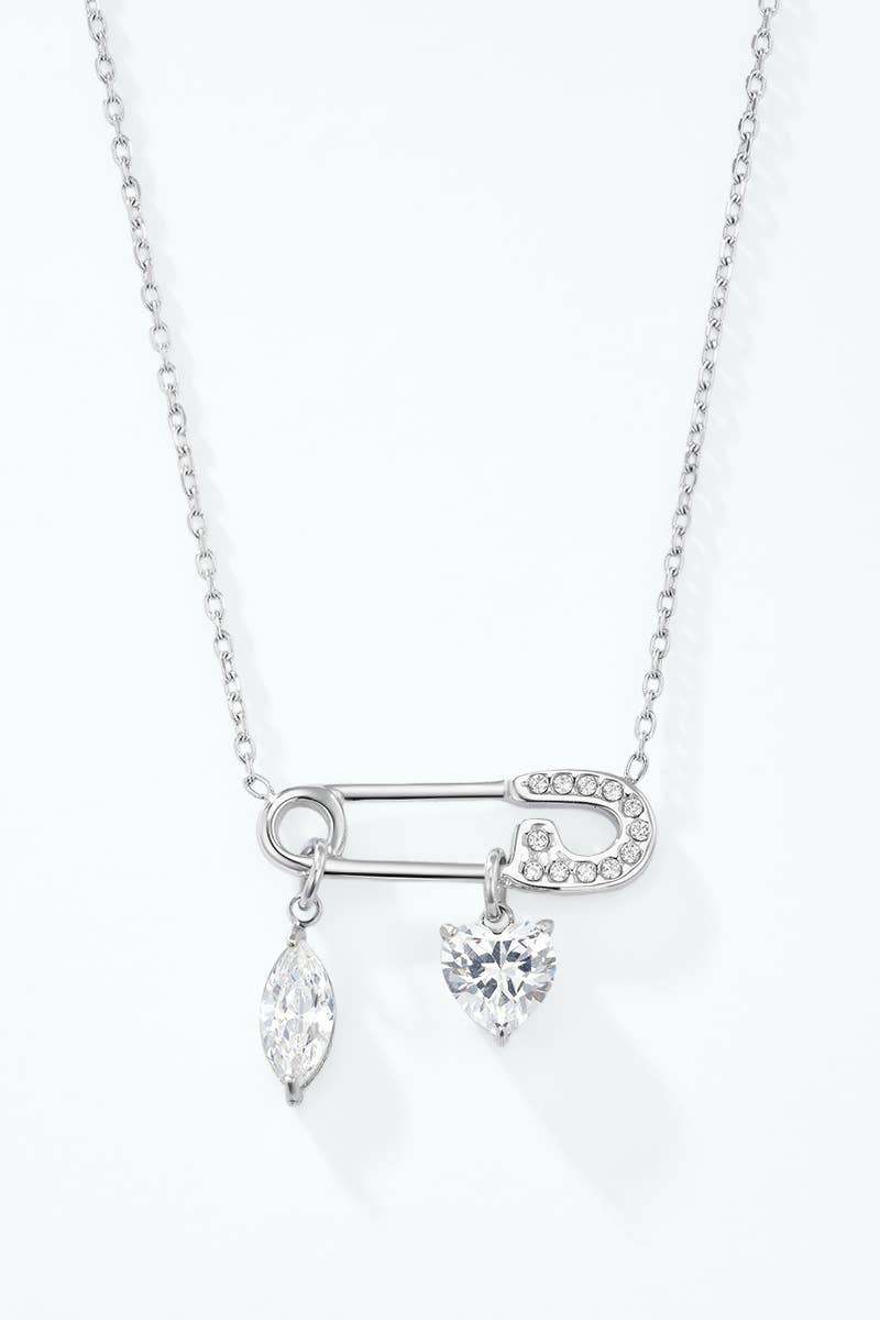 Safety pin necklace with cubic zirconia in steel 224AQ391