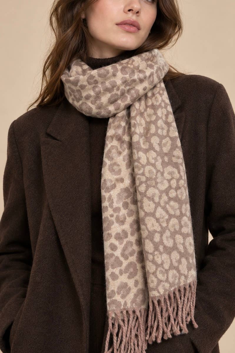 Leopard print wool scarf with fringe FL621DF