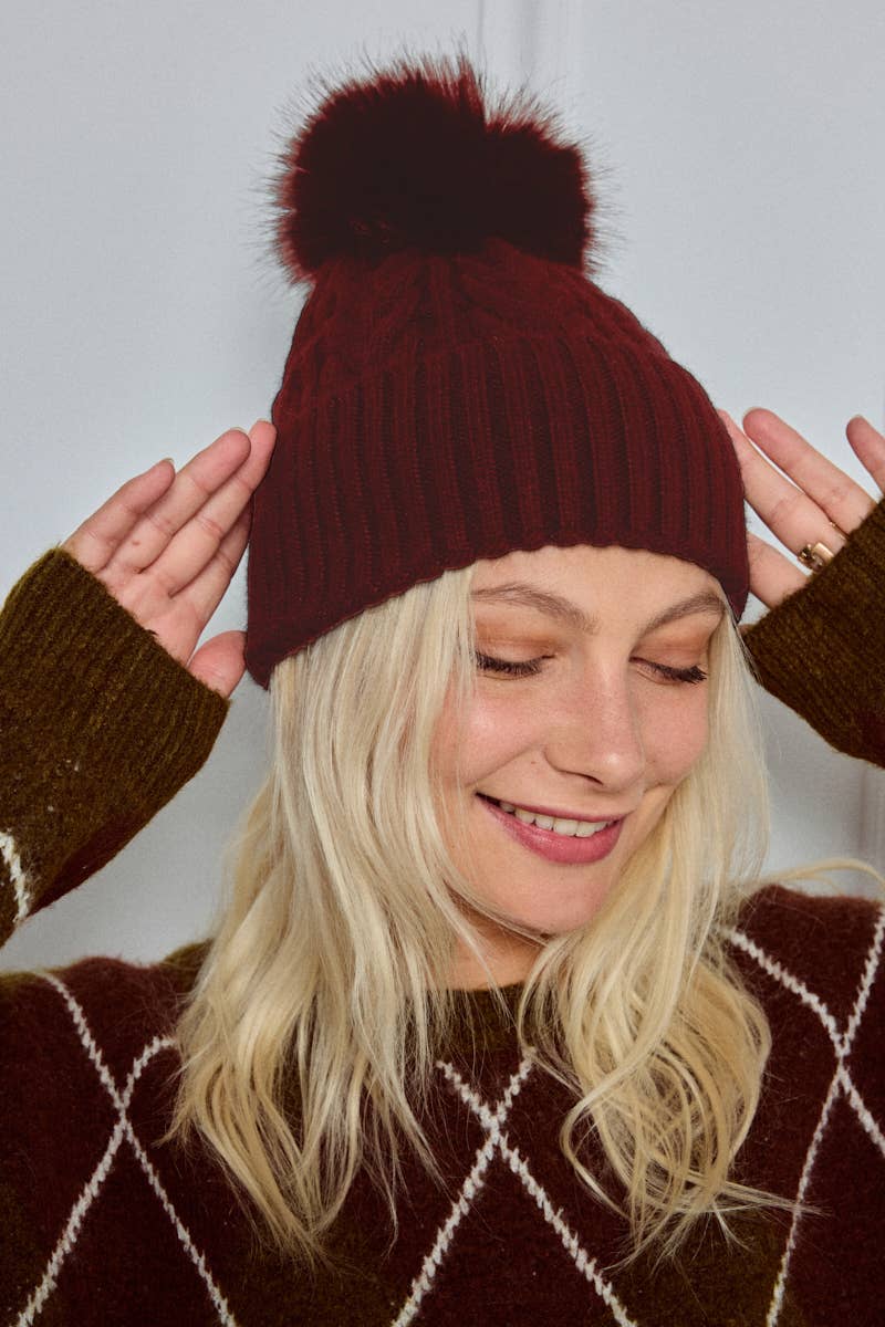 Cable-knit wool beanie with pom-pom MJ204SD
