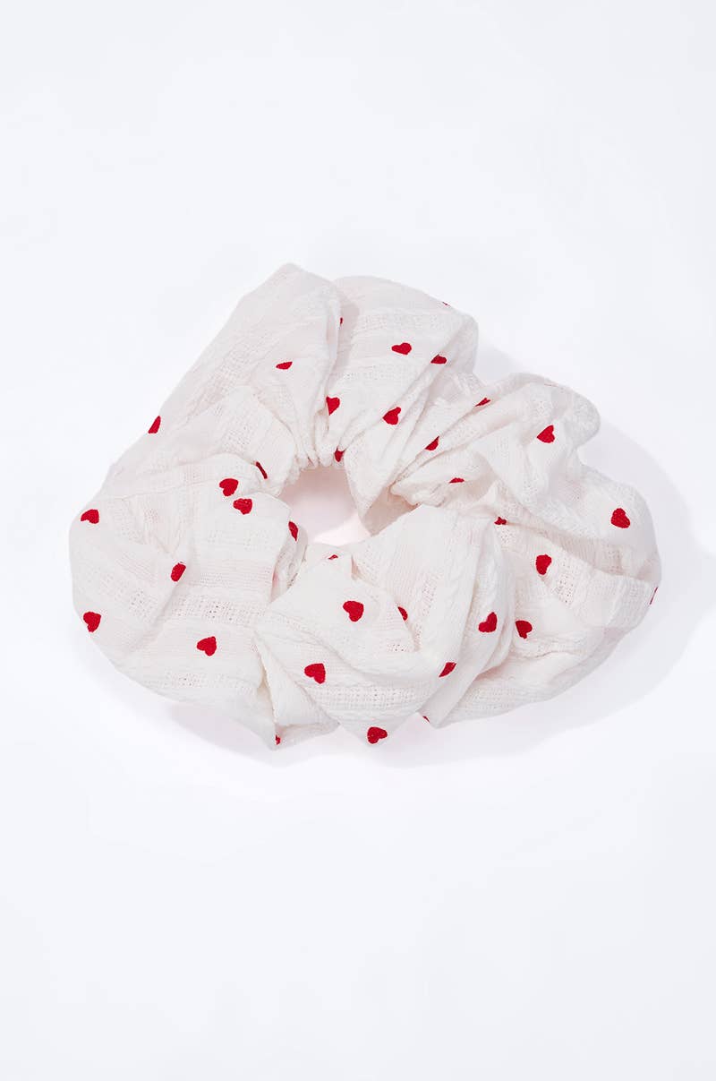 White scrunchie with small heart pattern 12cm FQ205XQ
