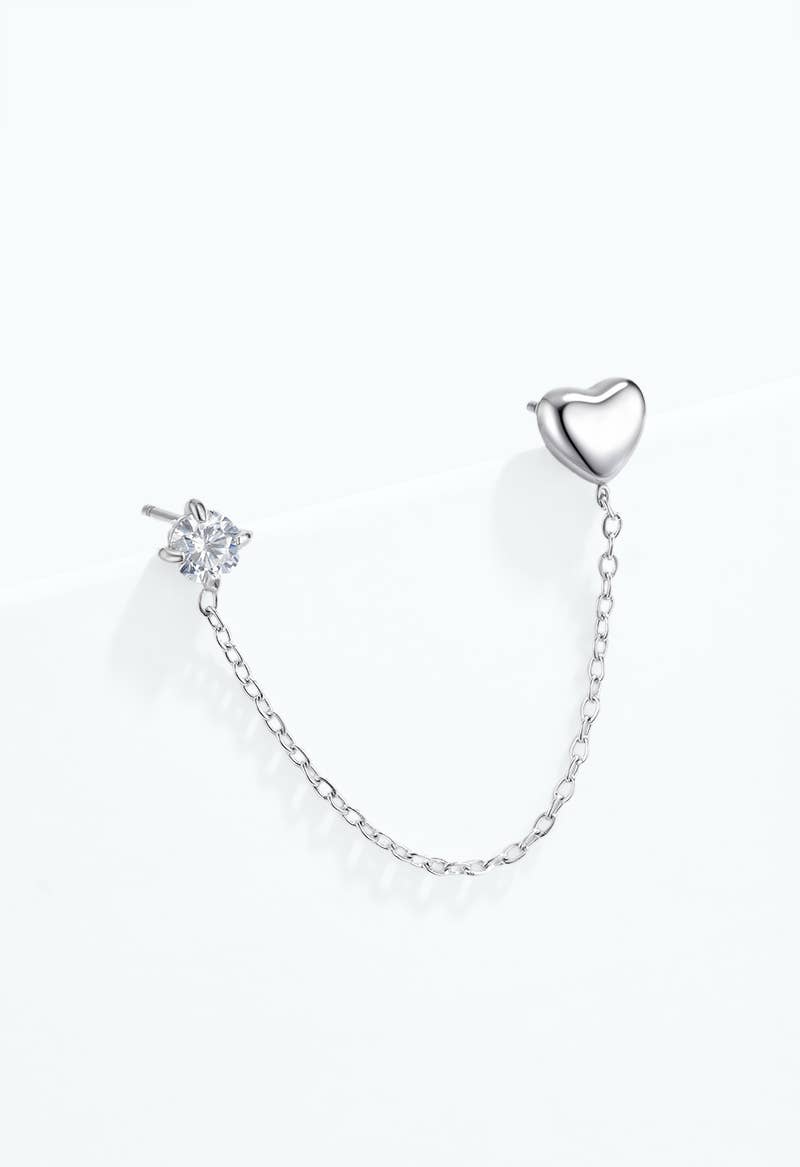 Single heart and zircon double-piercing earring in steel 124AQ808