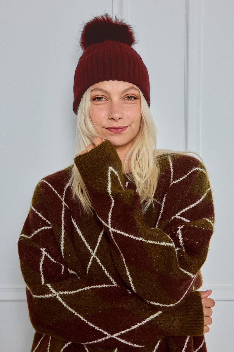 Cable-knit wool beanie with pom-pom MJ204SD