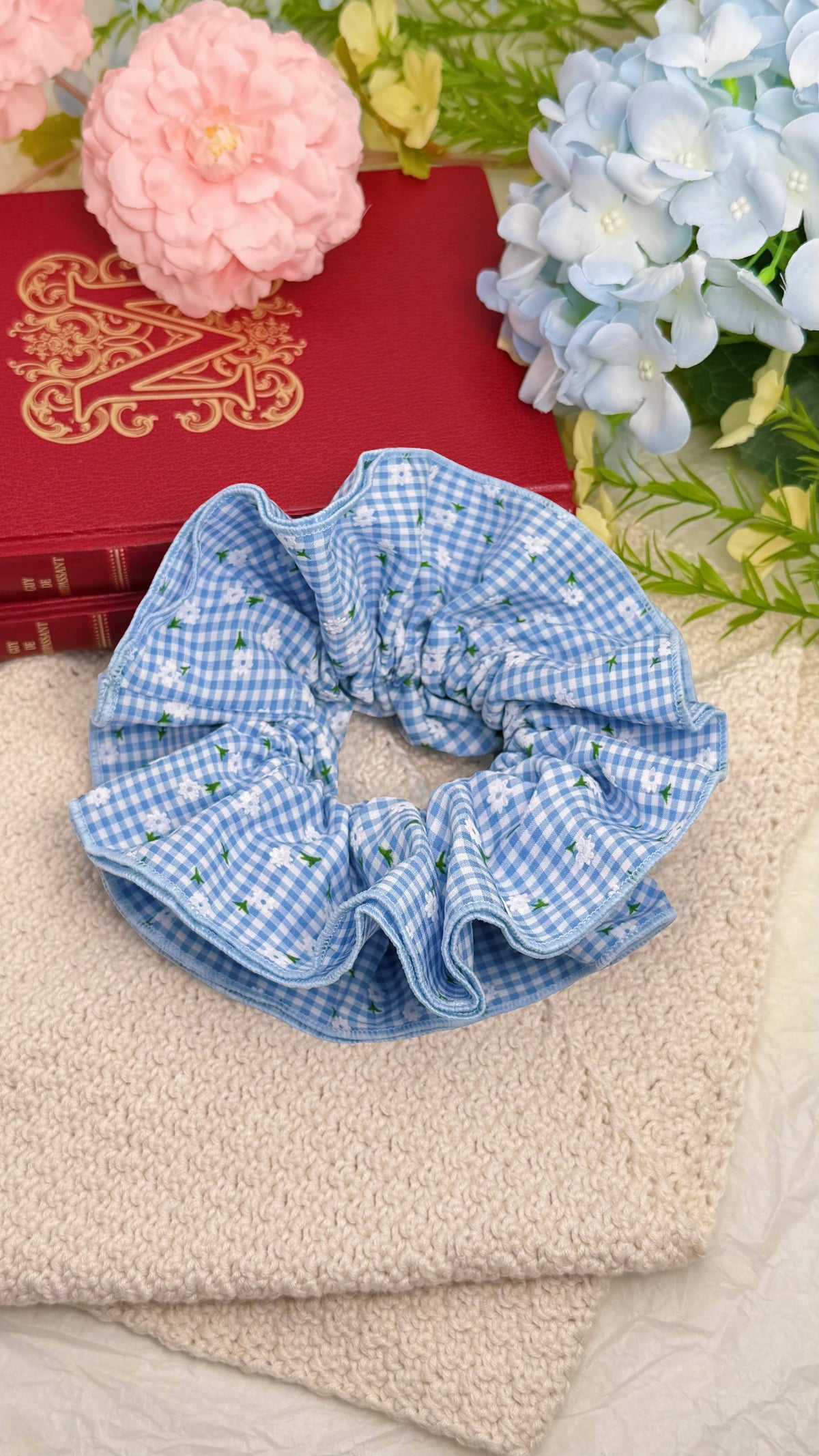 Gingham floral elastic scrunchie 17cm FQ222XQ