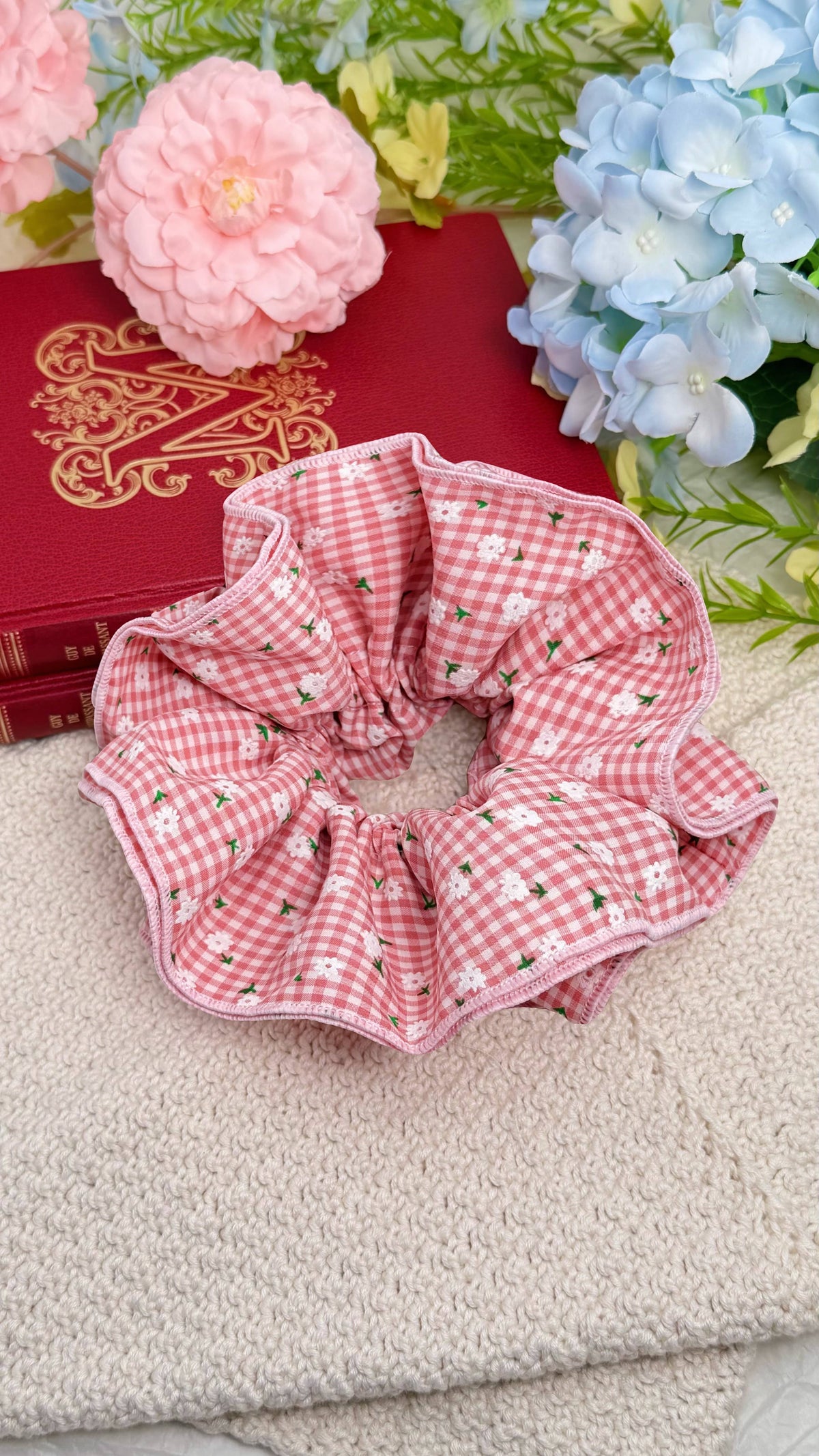 Gingham floral elastic scrunchie 17cm FQ222XQ