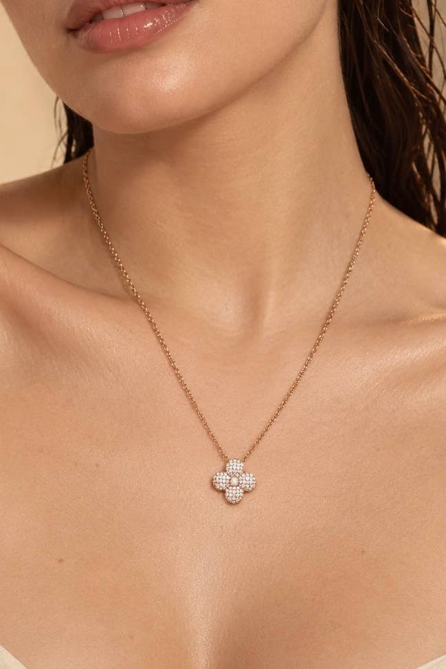 Stainless steel pavé clover necklace 224AQ383