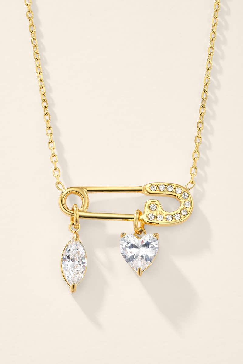 Safety pin necklace with cubic zirconia in steel 224AQ391