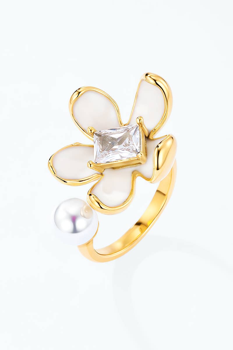 Enameled flower and pearl stainless steel ring 424AQ367