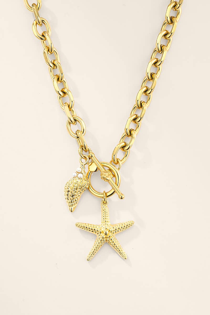 Collier étoile de mer et coquillage en acier 224AQ350