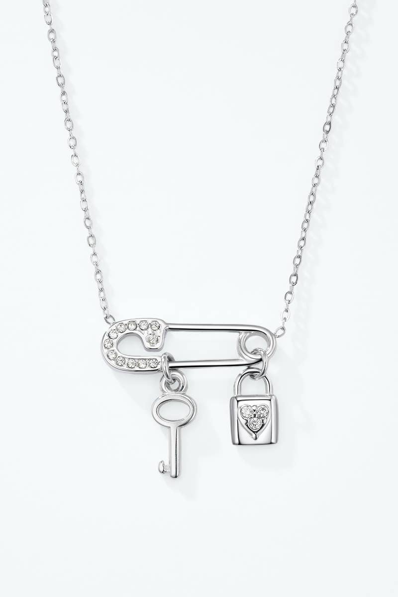 Safety pin, key and padlock steel necklace 224AQ392