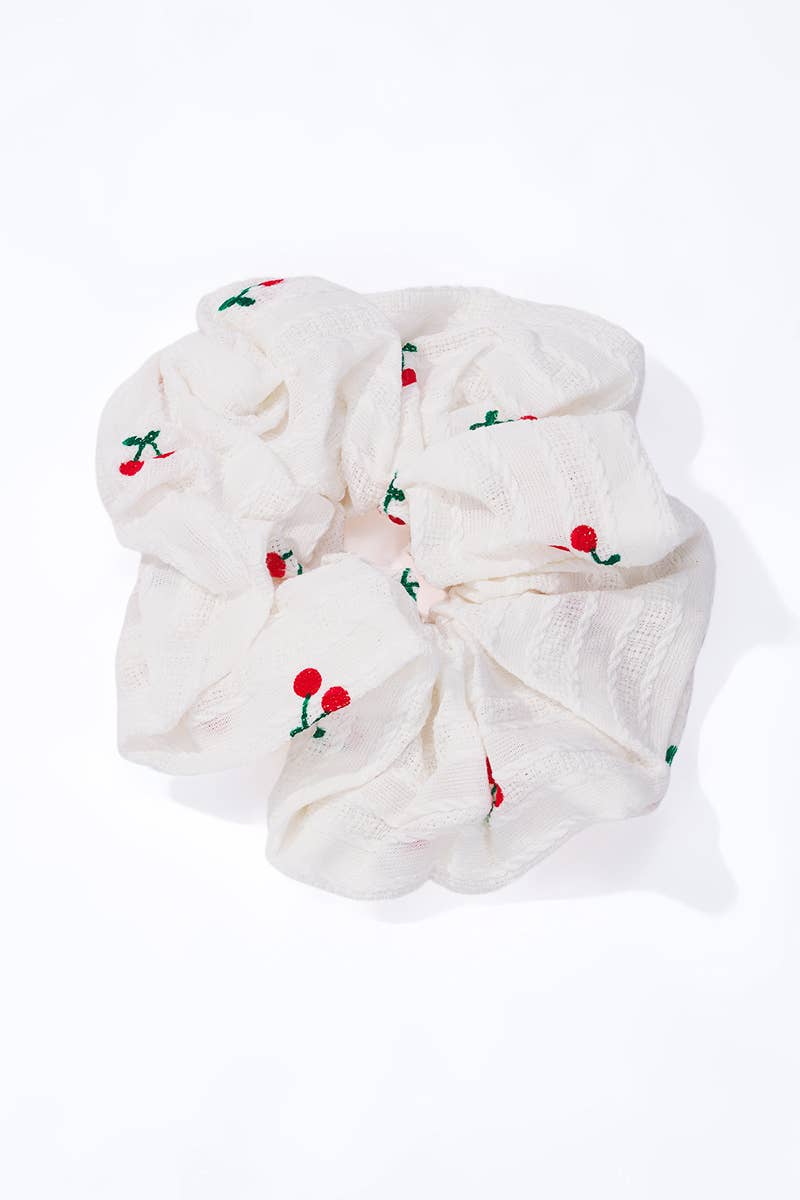 Chouchou blanc motif petites cerises 12cm FQ204XQ