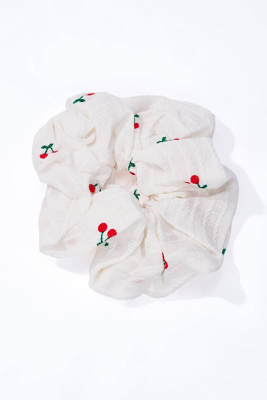 Chouchou blanc motif petites cerises 12cm FQ204XQ