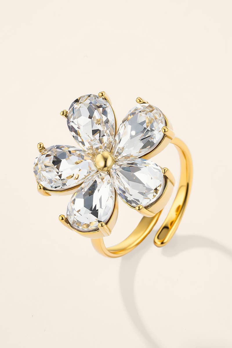 Stainless steel white zirconia flower ring 424AQ387