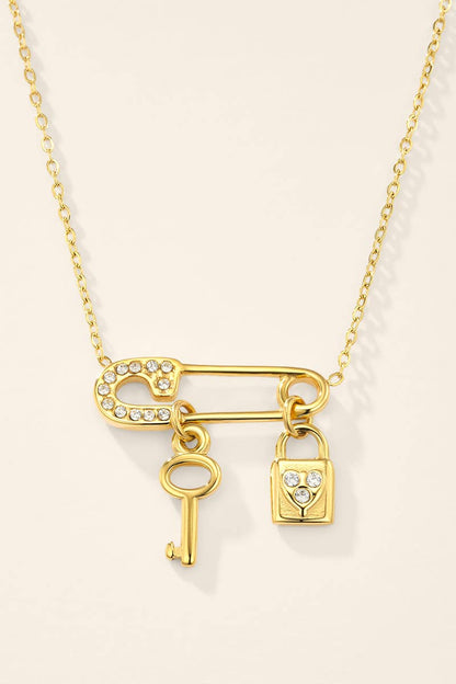 Safety pin, key and padlock steel necklace 224AQ392