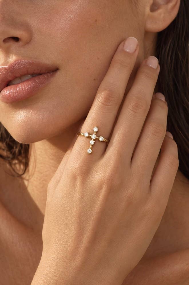 Stainless steel zircon cross ring 424AQ309
