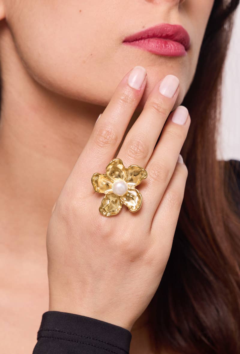Bague fleur avec perle en acier inoxydable 424AQ145