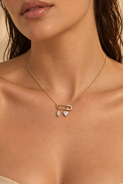Safety pin necklace with cubic zirconia in steel 224AQ391