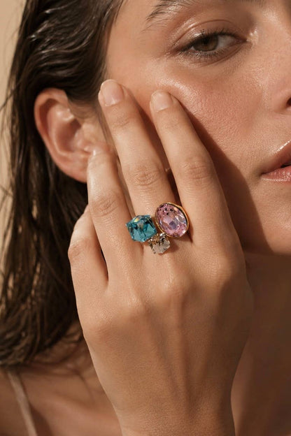 Stainless steel trio colored crystal ring 424AQ371