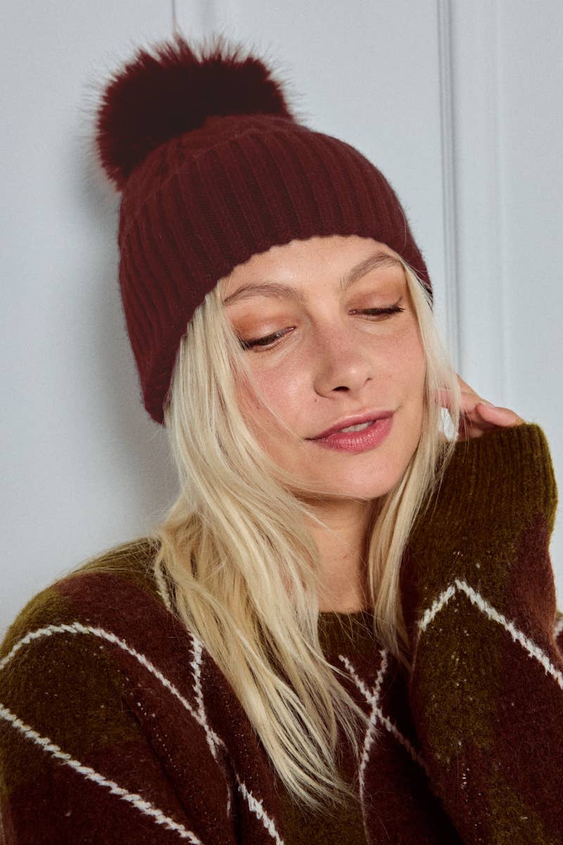 Cable-knit wool beanie with pom-pom MJ204SD