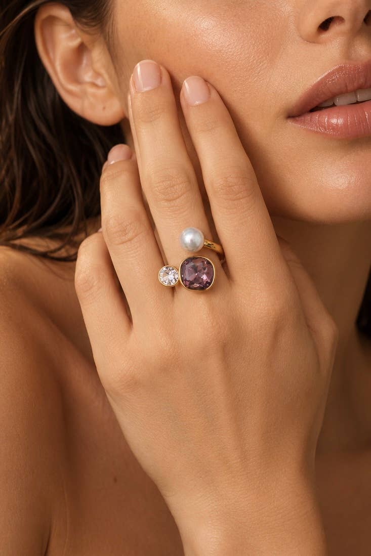 Bague trio zircons et perle en acier inoxydable 424AQ537