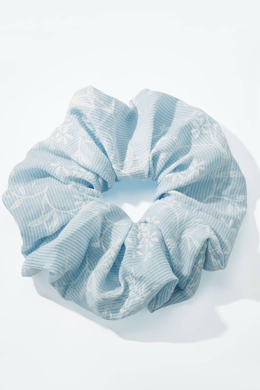 Blue striped floral embroidered scrunchie FQ230XQ