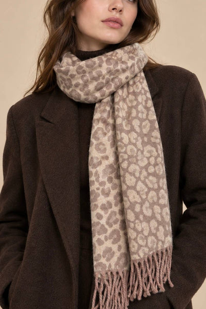 Leopard print wool scarf with fringe FL621DF