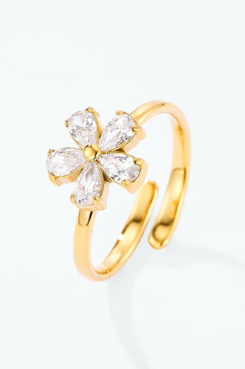 Stainless steel pear-cut cubic zirconia flower ring 424AQ336