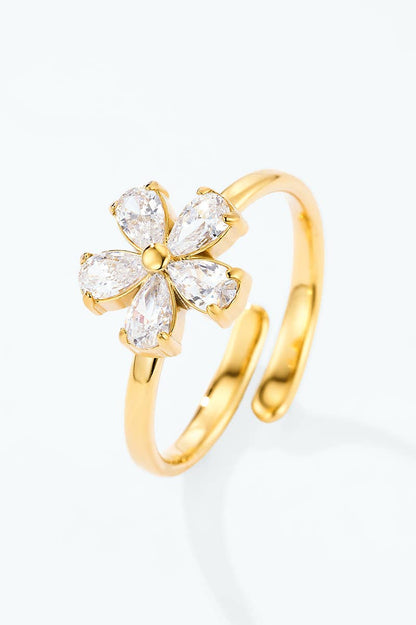 Stainless steel pear-cut cubic zirconia flower ring 424AQ336