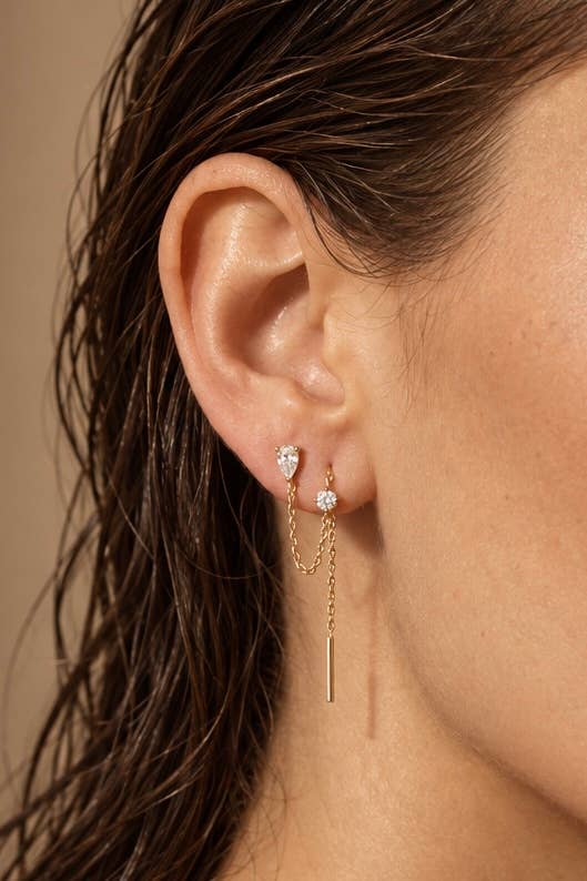 Double piercing zirconia hoop earring in steel 124AQ813