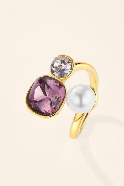 Bague trio zircons et perle en acier inoxydable 424AQ537