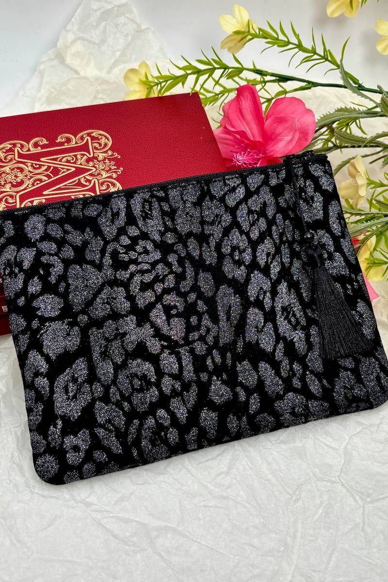 Leopard print cotton makeup bag with glitter CY105DM