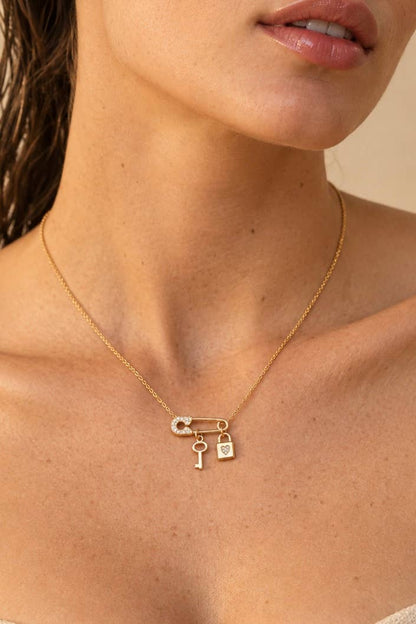Safety pin, key and padlock steel necklace 224AQ392