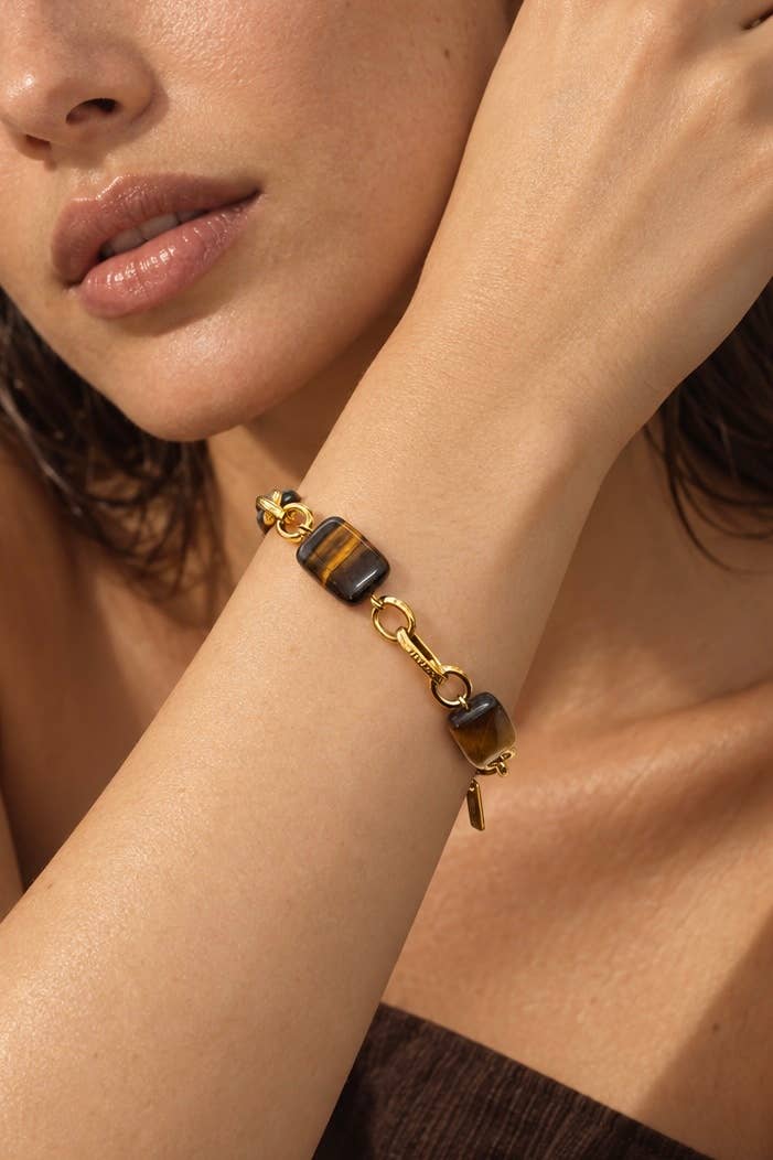 Stainless steel tiger's eye link bracelet 324AQ516
