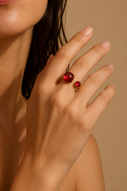Stainless steel fuchsia zirconia duo ring 424AQ389
