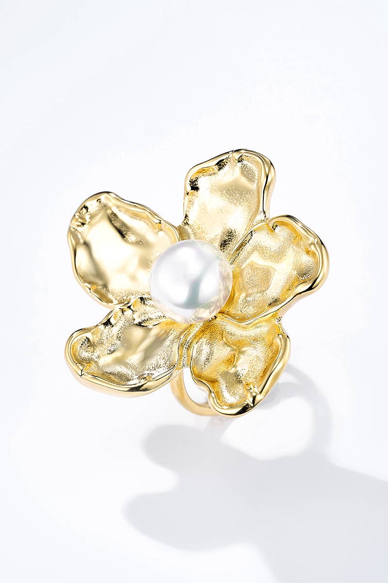 Bague fleur avec perle en acier inoxydable 424AQ145