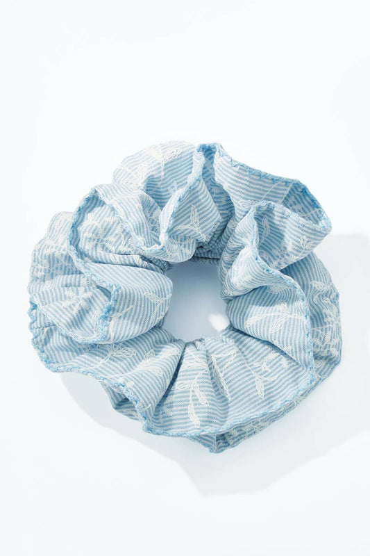 Blue striped ruffled scrunchie with floral embroidery FQ231XQ