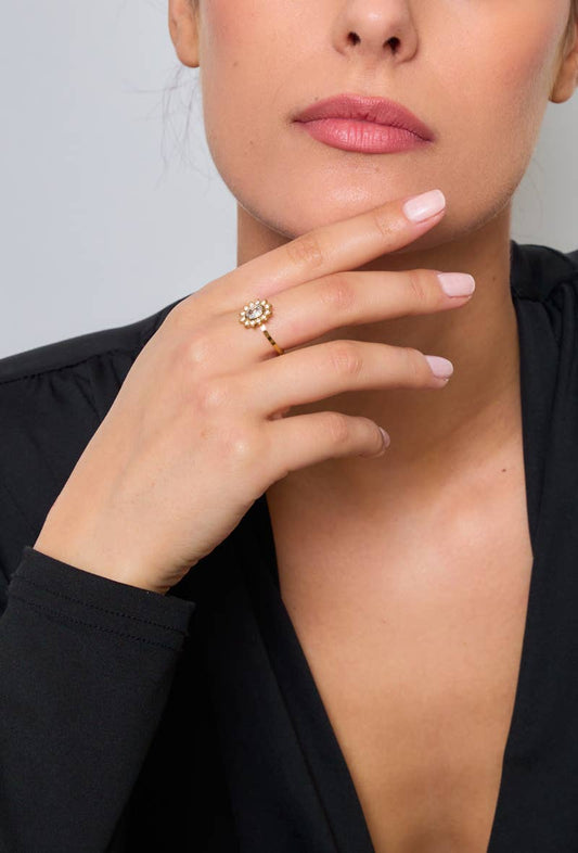 Bague avec pierre et strasses en acier inoxydable 424AQ14
