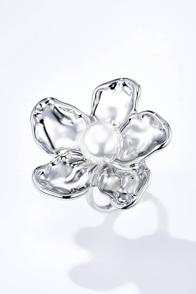 Bague fleur avec perle en acier inoxydable 424AQ145