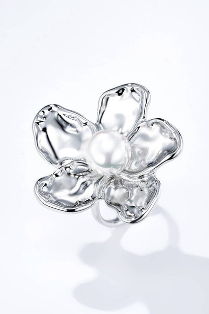 Bague fleur avec perle en acier inoxydable 424AQ145